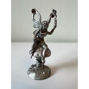 Gallo Ridolfo Yahre Pewter Fairy Figurine on a Mushroom with Blue Red Gemstone